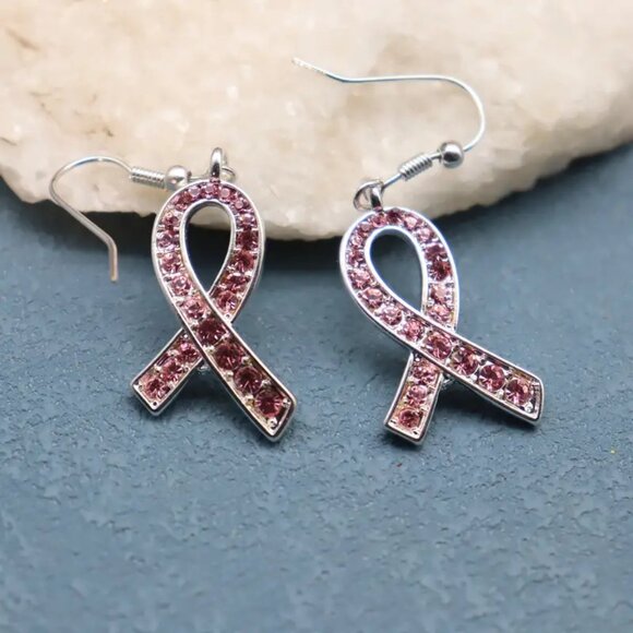 Breast Cancer Awareness Dangle Earrings Pink Rhinestones Silver Tone 1 1/4 Inch - Picture 4 of 11